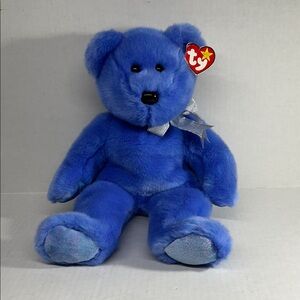 Ty Periwinkle Blue Beanie Buddy Plush Bear with Silver Ribbon 13”